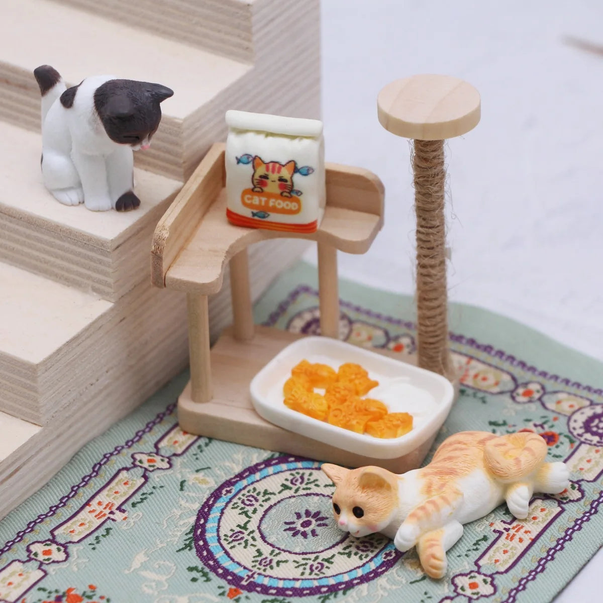 Dollhouse Miniature Wooden Cat Climbing Frame Has Jute Scratching Reversible Cat Tree Mini Resin Cat Food Model Furniture Decor