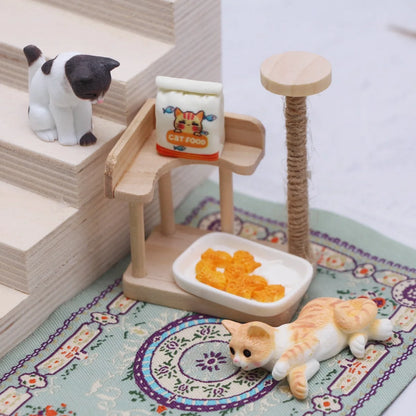 Dollhouse Miniature Wooden Cat Climbing Frame Has Jute Scratching Reversible Cat Tree Mini Resin Cat Food Model Furniture Decor