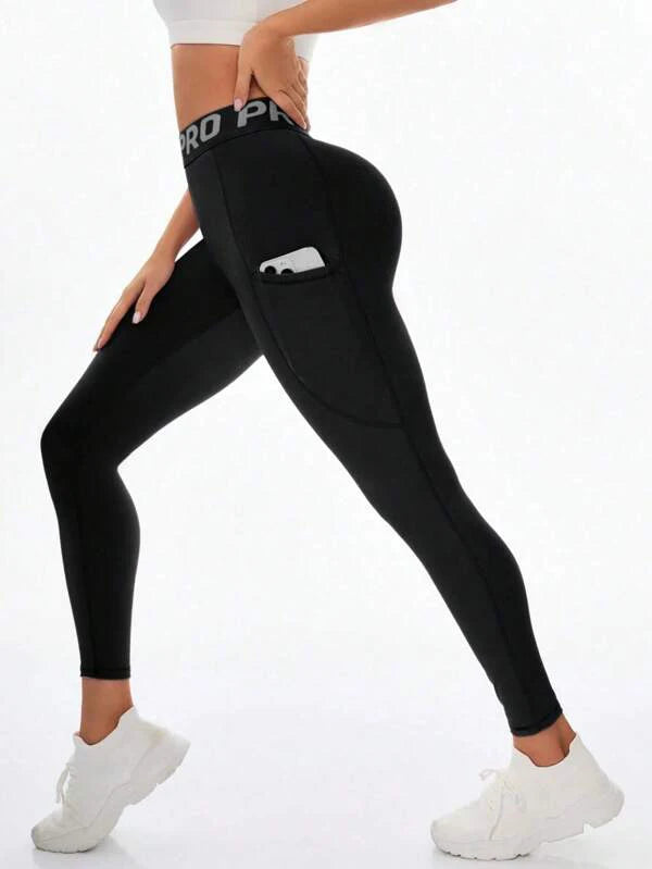 Letter Waist Hip Lift Pocket Yoga Leggings