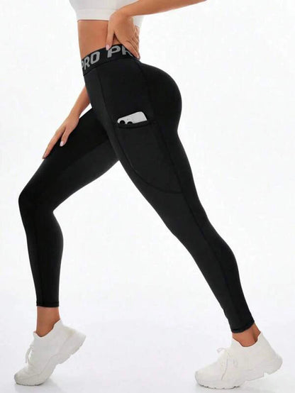 Letter Waist Hip Lift Pocket Yoga Leggings