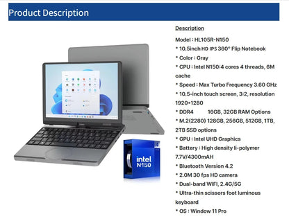 Portable Mini Laptop 10.5inch Touch Screen Notebook N150 32GB+128GB-1TB IPS Small Notebook Portable PC Micro Computer windows 11