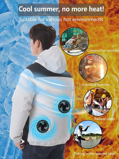 Summer Cooling Jacket Men Hooded Fan Jacket Heat Resistant Fan Air Conditioner Clothes Breathable Outdoor Fishing Fan Workwear