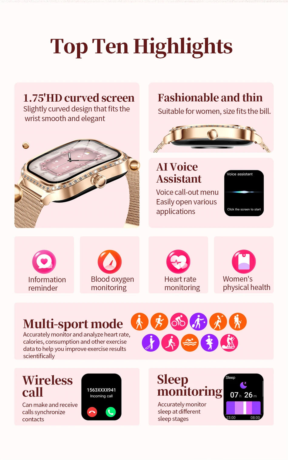 2026 Fashion Women Smart Watch Bluetooth Call Custom Watch Face Fitness Tracker IP68 Waterproof Smartwatch Woman for Android IOS