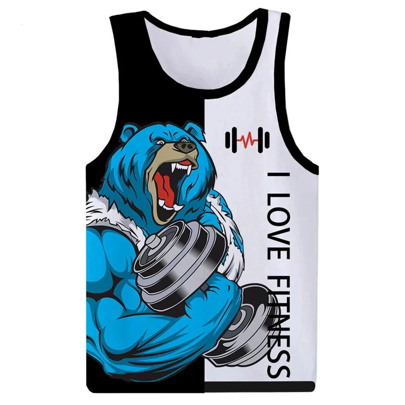 I Love Fitness Tank Tops Animal Letter 3D Print Men's Streetwear Hip Hop Oversized Gym Vest Harajuku Sleeveless Top Man Clothing