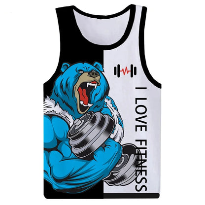 I Love Fitness Tank Tops Animal Letter 3D Print Men's Streetwear Hip Hop Oversized Gym Vest Harajuku Sleeveless Top Man Clothing