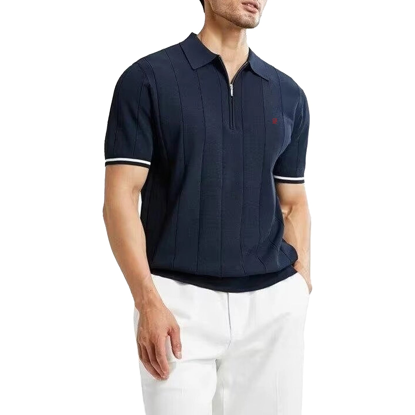 CH Men's Knitted Polo Shirt Half Zipper Lapel Short Sleeve Solid Color Casual Business Summer Breathable Top Tee