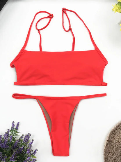 Sexy Stripe Print Swimsuit for Women Solid Tube Top Bathing Suit High Cut Bikini Set Backless Beachwear Brazilian Swimwear Summe