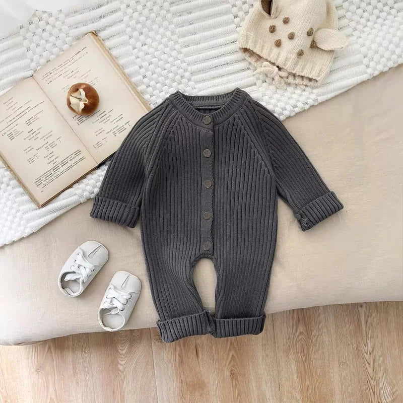 Ribbed Knit Baby Romper – Button Front, Long Sleeve (0-18M)