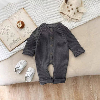 Ribbed Knit Baby Romper – Button Front, Long Sleeve (0-18M)