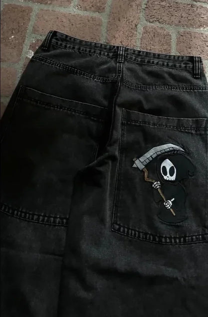 Gothic Halloween Scythe Grim Reaper Hip Hop Streetwear Jeans Men Women Retro Punk Print Traight Wide-leg Black Baggy Denim Pants