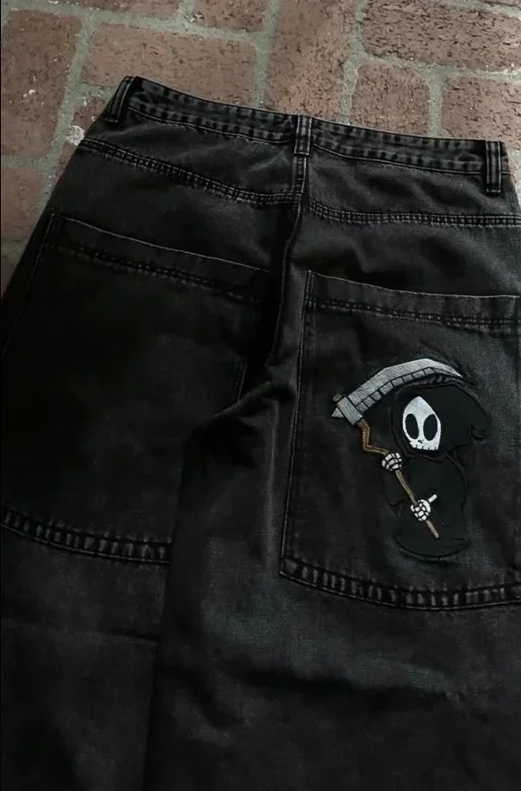Gothic Halloween Scythe Grim Reaper Hip Hop Streetwear Jeans Men Women Retro Punk Print Traight Wide-leg Black Baggy Denim Pants