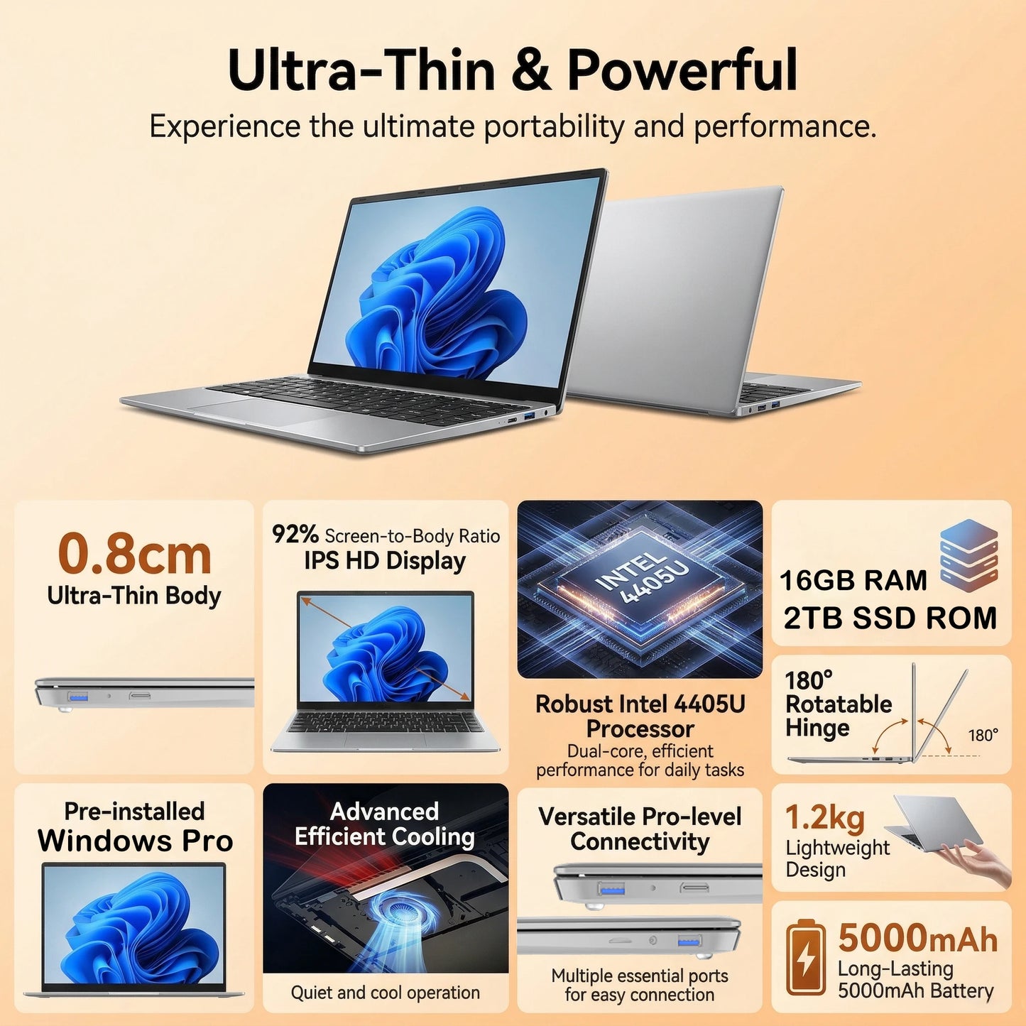 New Ultra Slim 14.1 Inch Laptop Intel 4405U 16GB RAM 2TB SSD 1920*1080 FHD Display Windows 11 Pro Office Study Computer