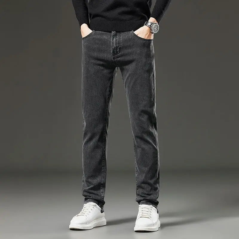 Men's autumn and winter hot jeans elastic small straight leg pants black gray micro elastic zipper fashionable versatile jeans