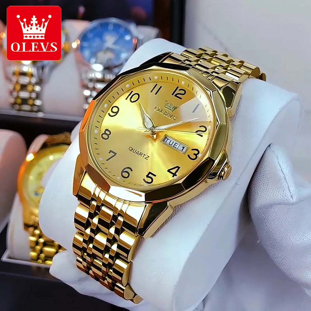OLEVS Men's Watches Luxury Fashion Fine Steel Strap Top Brand Original Quartz Wristwatch for Man Rhombus Mirror Waterproof Date