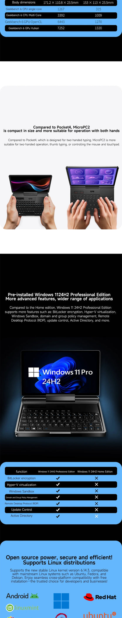 GPD Micro PC 2 Handheld Mini Notebook 7 Inch Touch Screen N300 16GB RAM 512GB SSD Windows 11 Portable Palm Size Laptop