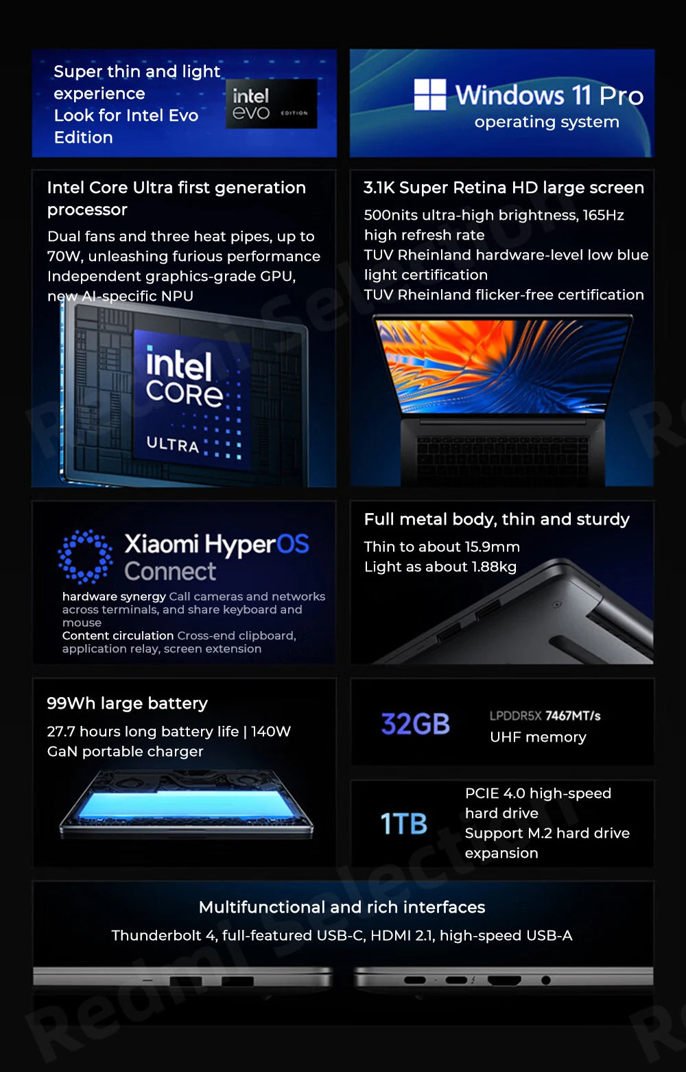 Xiaomi laptop RedmiBook Pro 16 2024 Core Ultra 5-125H/Ultra 7-155H ARC Graphics 32GB DDR5 1TB SSD 16-inch 3.1K 165hz Screen Pc