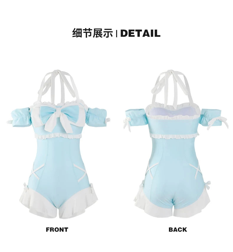 Japanese Lolita Girls Bow Cute Water Blue Swimsuit Hot Spring Bathing Swimwear Japanese Style Women One Peice Swimming Suit