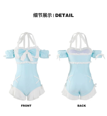 Japanese Lolita Girls Bow Cute Water Blue Swimsuit Hot Spring Bathing Swimwear Japanese Style Women One Peice Swimming Suit