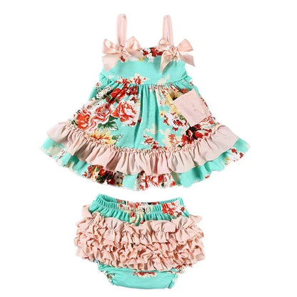 2025 New Born Baby Girl Clothes Baby Suit Overall Floral Clothes Set 3-24m Cotton Sleeveless Toddler Infant Ruffle Tops + Shorts