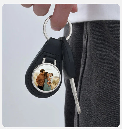Vnox Custom Fathers Day Gift for Dad Grandpa, Black PU Leather Keychains with Custimized Photo Image Metal Plate Key Chain