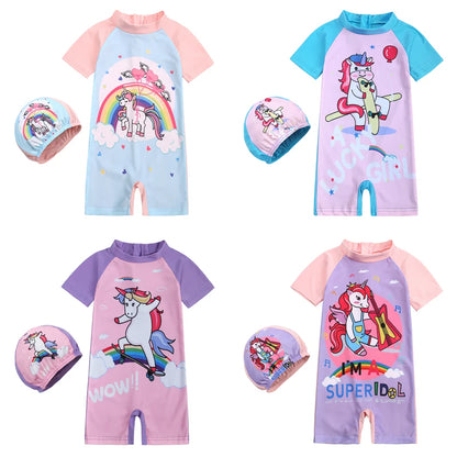 2025 Toddler Children Swimwear Suit Print UV Kids Boys Girls Summer Beach Clothes 2Pcs Cap+Bathing Swimming Diving Swimsuit