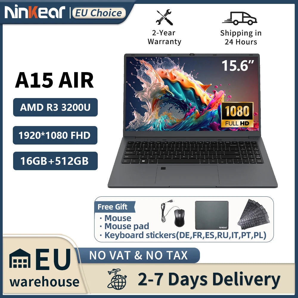 Ninkear A15 Air Laptop AMD Ryzen™ 3 3200U 16GB DDR4+512GB SSD 15.6 Inch FHD IPS Screen 180° Opening and Closing Office Notebook