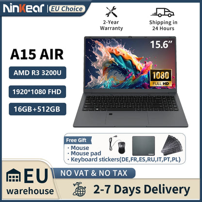 Ninkear A15 Air Laptop AMD Ryzen™ 3 3200U 16GB DDR4+512GB SSD 15.6 Inch FHD IPS Screen 180° Opening and Closing Office Notebook