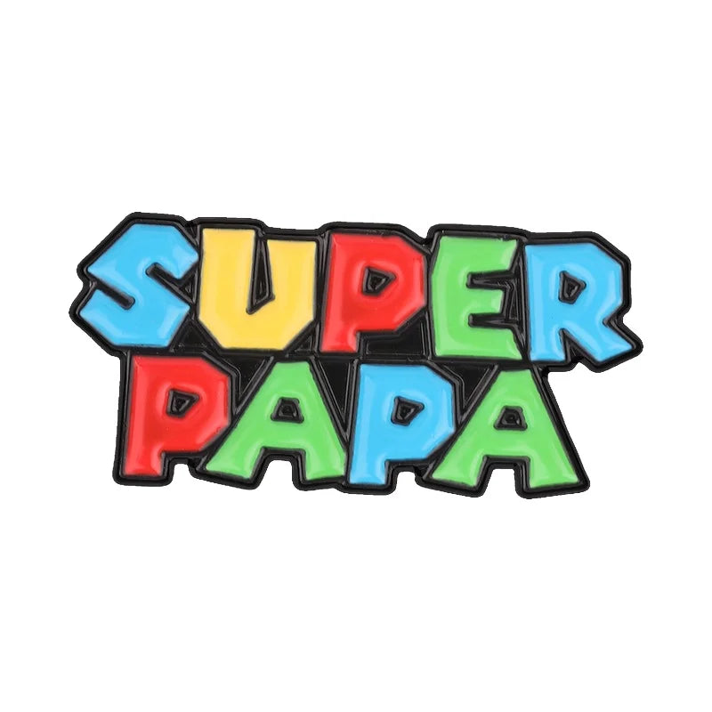 Super Papa Cartoon Enamel Pin Retro Video Game Colorful Block Letter Brooch Bag Lapel Badge Father's Day Jewelry Gift for Dad