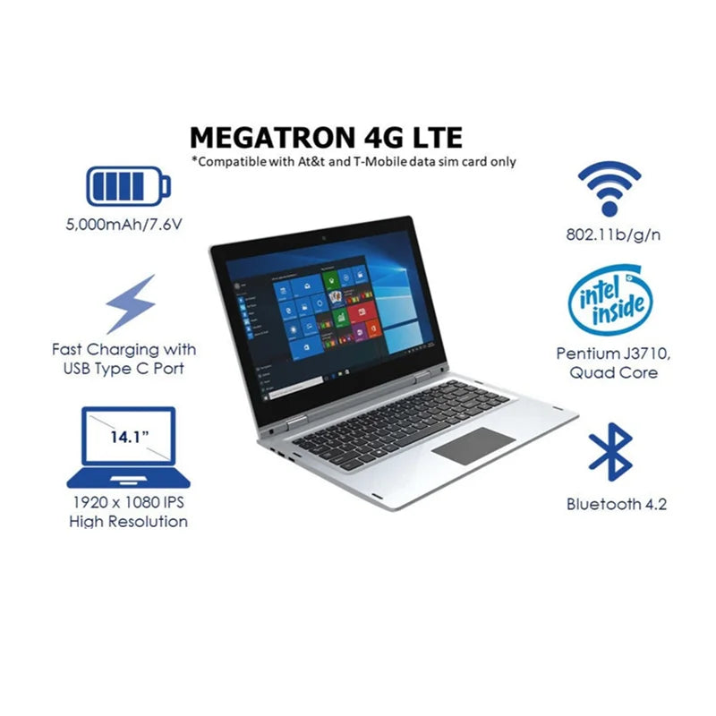 14.1 NCH Notebook Ultrabook 4GB RAM 6GB ROM Touch Screen 360° Laptop PC Windows 10 Pro  Intel Pentium 4G LTE 1920 x 1080 IPS