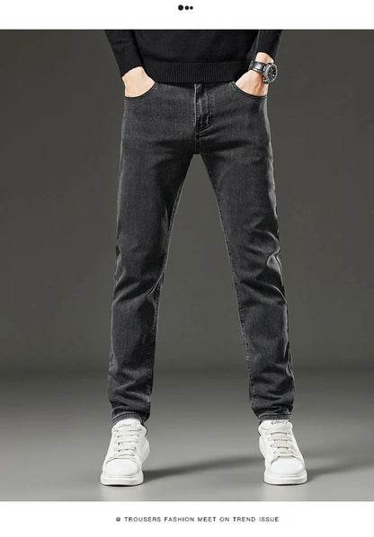 Men's autumn and winter hot jeans elastic small straight leg pants black gray micro elastic zipper fashionable versatile jeans