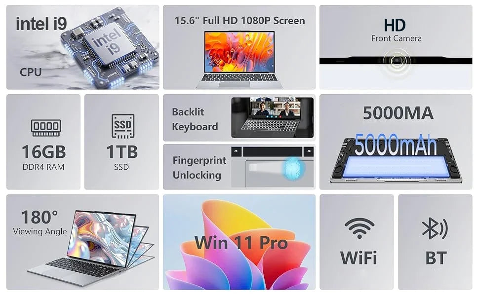 15.6 " Windows 11 Laptops Intel Core i9-10980HK 16GB RAM 1TB SSD Gaming Laptop Backlit keyboard PC Fingerprint UnIock Computer