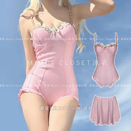 Japanese Lolita Girls Bow Cute Water Blue Swimsuit Hot Spring Bathing Swimwear Japanese Style Women One Peice Swimming Suit