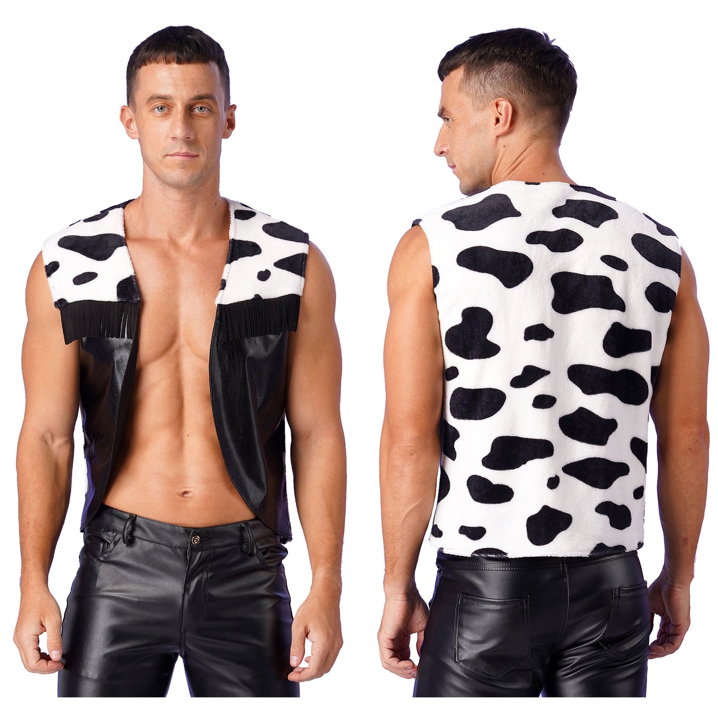 Men's Cow Print Vest Halloween Festival Cosplay Party Fancy Dress Up Sleeveless Open Front Waistcoat Vintage Hippie Costume Vest