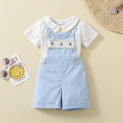 Ins Handmade Baby Boys' Clothes New British Wind Cotton Short-sleeved Shirt Embroidered Bear Clothes Baby Boys Boutique Suits