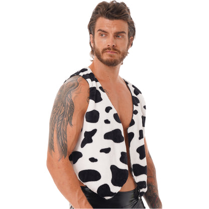Men's Cow Print Vest Halloween Festival Cosplay Party Fancy Dress Up Sleeveless Open Front Waistcoat Vintage Hippie Costume Vest