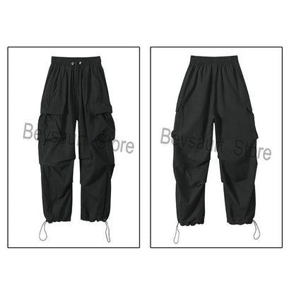 Streetwear 2024 Spring Harem Casual Pants Men Elastic Waist Solid Color Cargo Pants Multi Pocket Loose Baggy Pants For Women