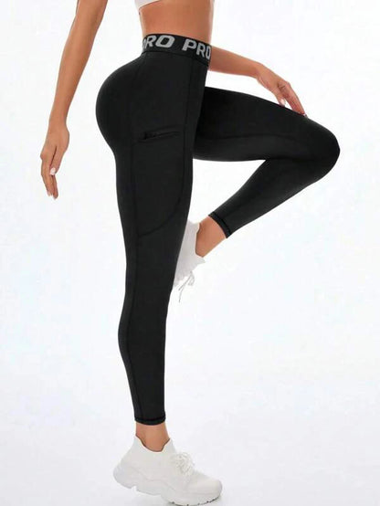 Letter Waist Hip Lift Pocket Yoga Leggings