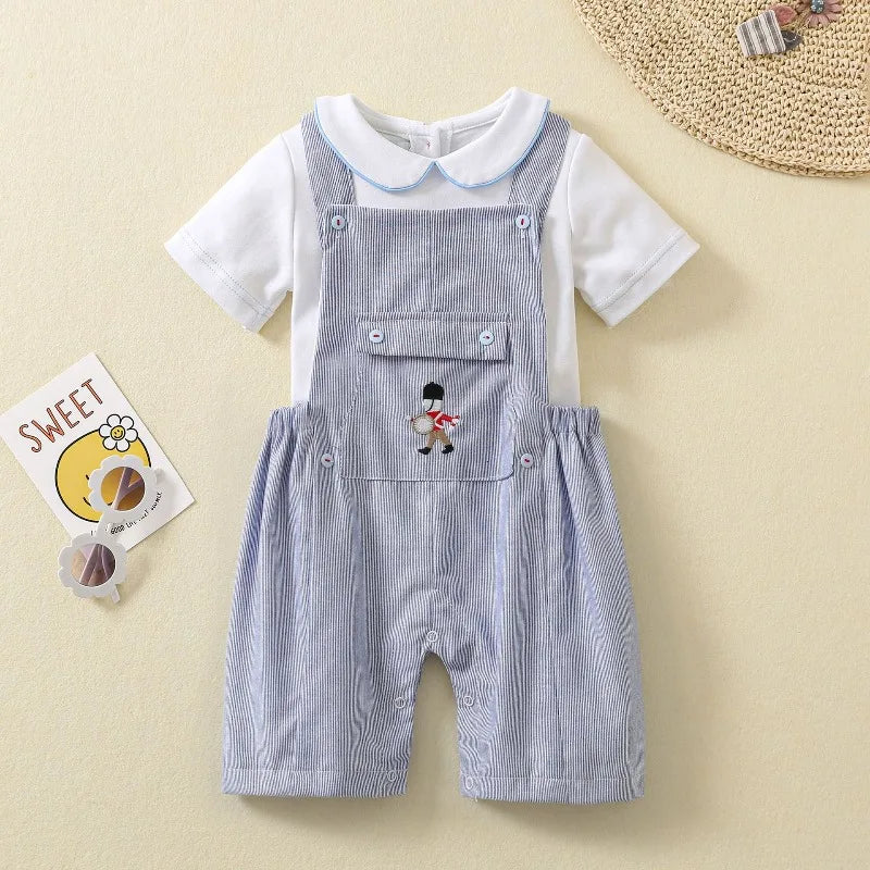 Ins Handmade Baby Boys' Clothes New British Wind Cotton Short-sleeved Shirt Embroidered Bear Clothes Baby Boys Boutique Suits