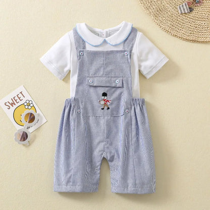 Ins Handmade Baby Boys' Clothes New British Wind Cotton Short-sleeved Shirt Embroidered Bear Clothes Baby Boys Boutique Suits