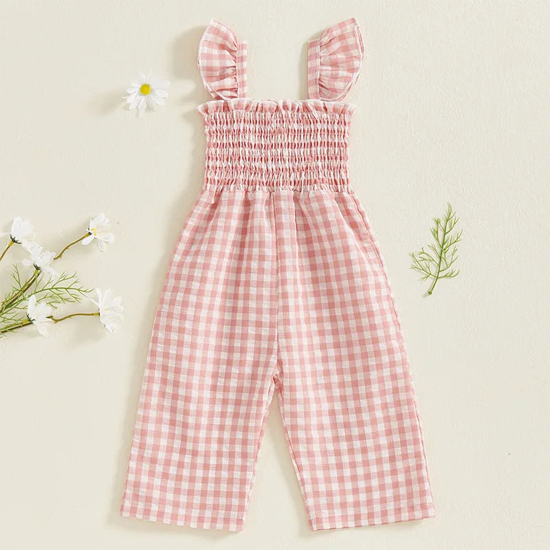 2025 Baby Girl Clothes Girl Cotton Overalls Ruffle Sleeve Strappy Gingham Checkered Romper Casual Loose Pants Outfit 0-4Y