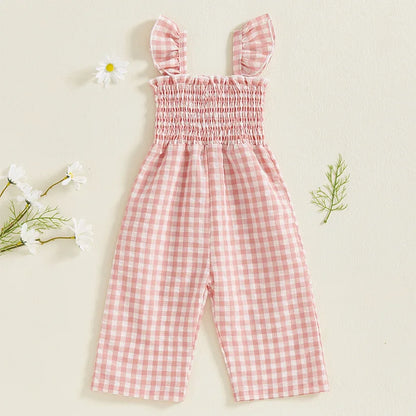 2025 Baby Girl Clothes Girl Cotton Overalls Ruffle Sleeve Strappy Gingham Checkered Romper Casual Loose Pants Outfit 0-4Y
