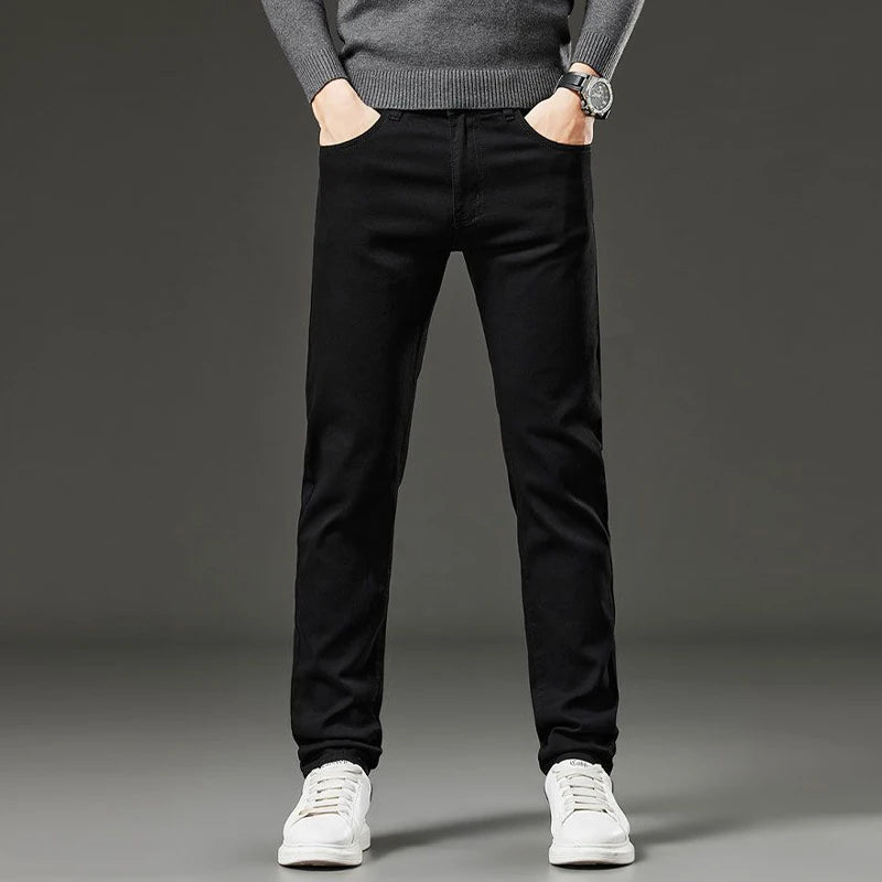 Men's autumn and winter hot jeans elastic small straight leg pants black gray micro elastic zipper fashionable versatile jeans