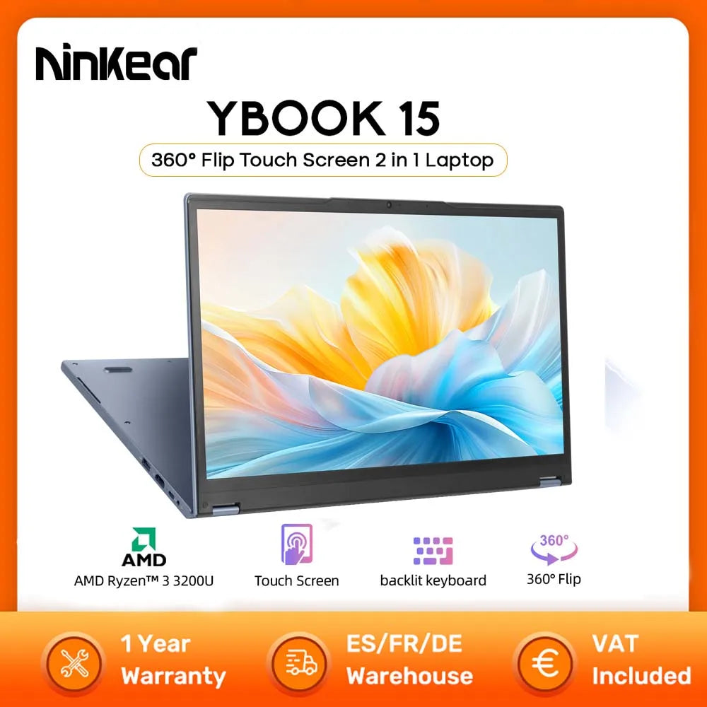 Ninkear YBOOK15 2 in 1 Laptop 360° flip 15.6' FHD IPS Touch Screen Tablet AMD Ryzen™ 3 3200U 16G DDR4+512GB SSD Windows 11 Pro