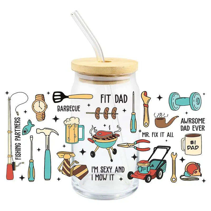 Father's Day UV DTF 3D DIY Cartoon Patter Transfer Sticker Wraps Cup High Quality Durable Waterproof Decals