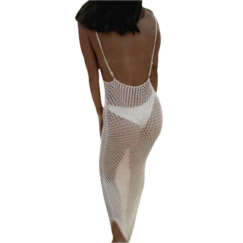 Lamuusaa Sexy Beach Dress Women Bikini Cover Ups Solid Color V Neck Crochet Cutout Sleeveless Backless Long Dress Party Dresses
