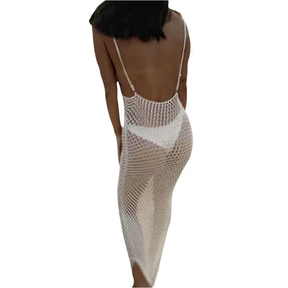 Lamuusaa Sexy Beach Dress Women Bikini Cover Ups Solid Color V Neck Crochet Cutout Sleeveless Backless Long Dress Party Dresses