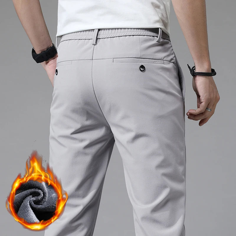 Korean Men's Warm Golf Pants Slim Straight Winter Thick Fleece Casual Pants Business Fashion Stretch Thermal Trousers Male