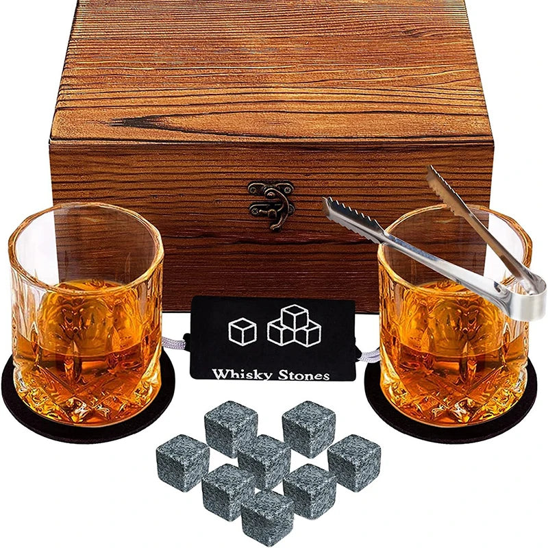 Father'S Day Gift For Men Whiskey Stones Set 8 Pcs Granite Ice Cubes+ 2 Pcs Cups For Whisky In Wooden Bottle Box Present For Dad