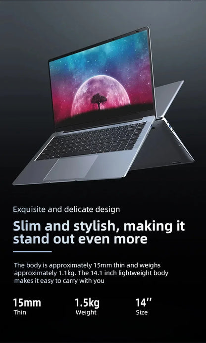 New Ultra Slim Laptop 14.1" 16GB RAM 2TB SSD Intel N3700 Notebook Gamer 1920*1080 Display Office Study Computer PC Windows 11 Pro
