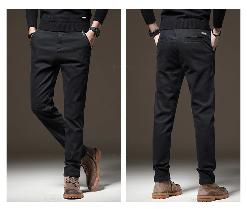 Autumn Winter High Quality Pants Men Elastic Waist Slim Coffee Twill Brand Clothing Thick Cargo Trousers Male Plus Size 28-38